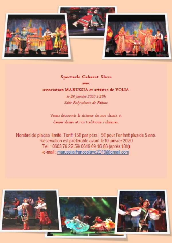 Affiche. Pibrac. Association Marussia et artistes de Volia. Spectacle Cabaret Slave. 2020-01-19